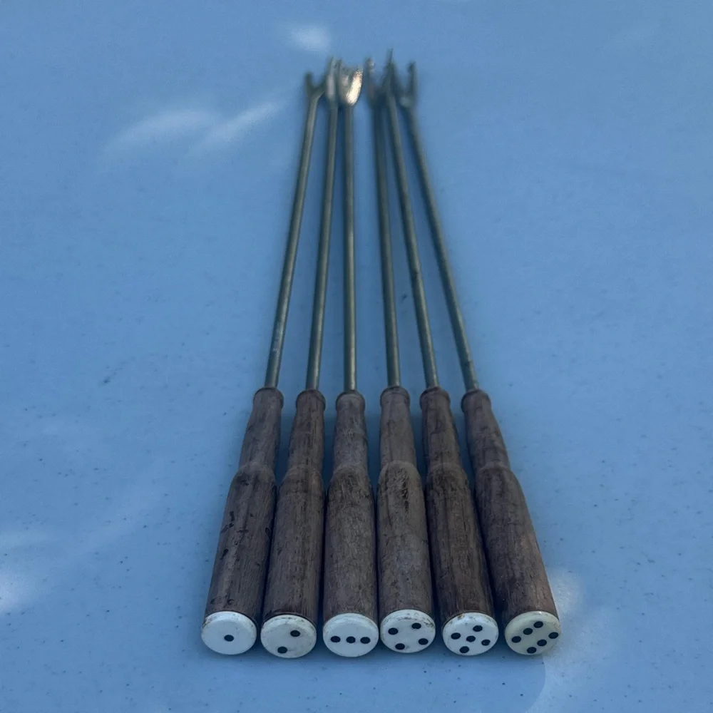 Vintage 70s Set of Six Fondue Forks with Wooden Handles and Dice Themed Tips